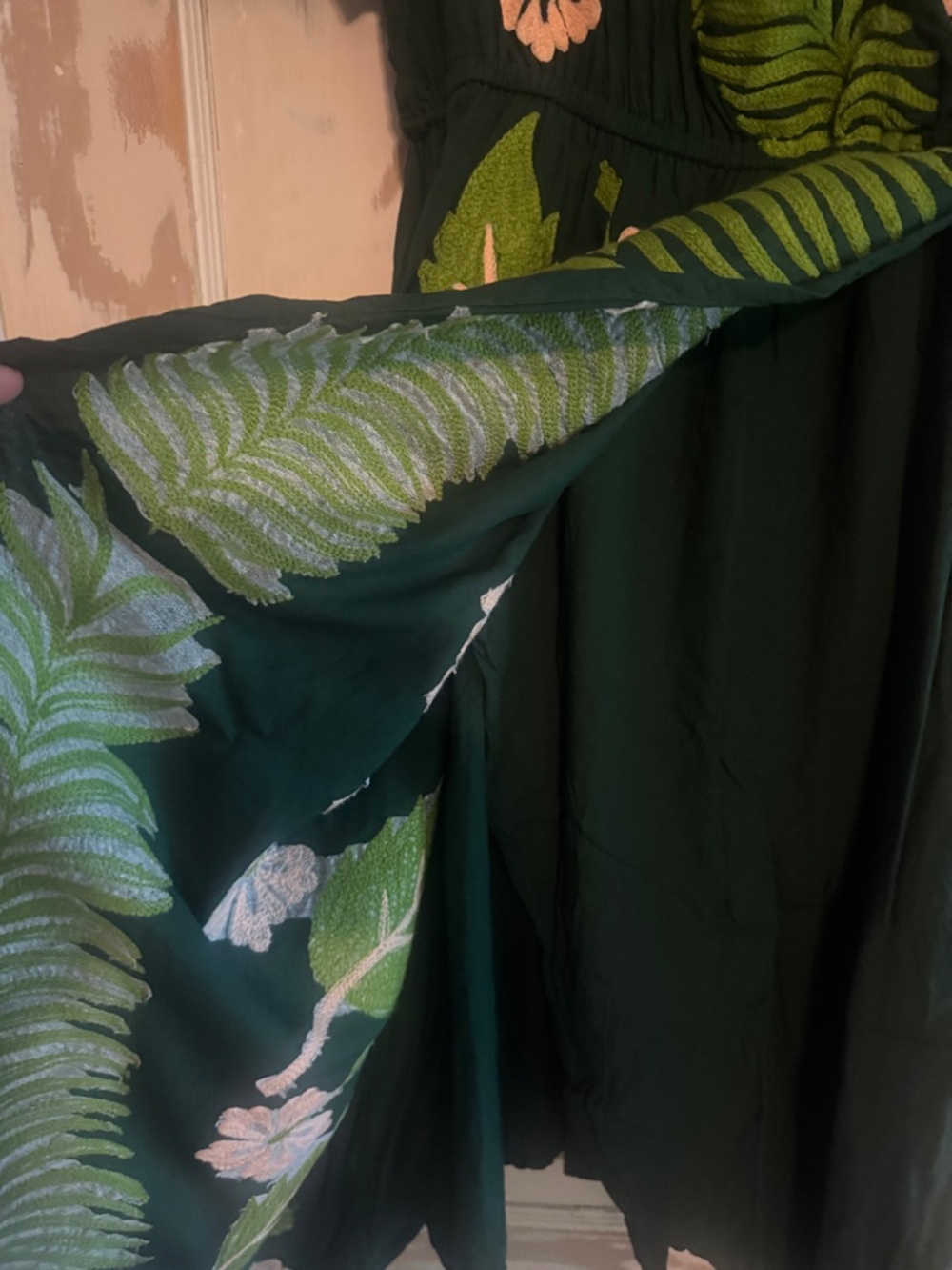 Dark Green Midi Dress with Bold Leaf & Pink Floral Embroidery - Picture 3 of 4